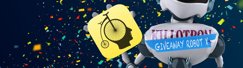 Giveaway Robot with Bike icon, confetti background