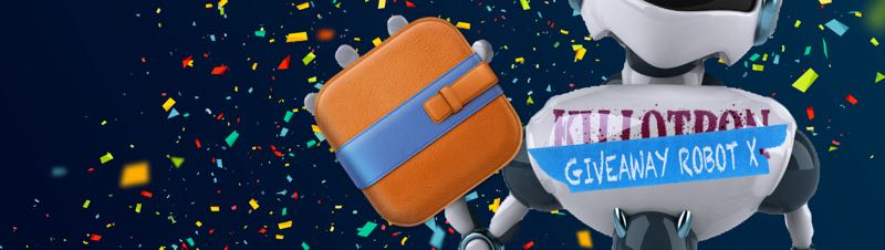 Giveaway Robot with Curio icon, confetti background