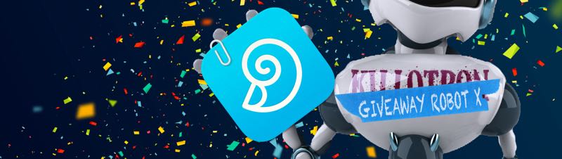 Giveaway Robot with DEVONthink icon, confetti background