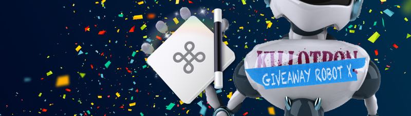 Giveaway Robot with Keyboard Maestro icon, confetti background
