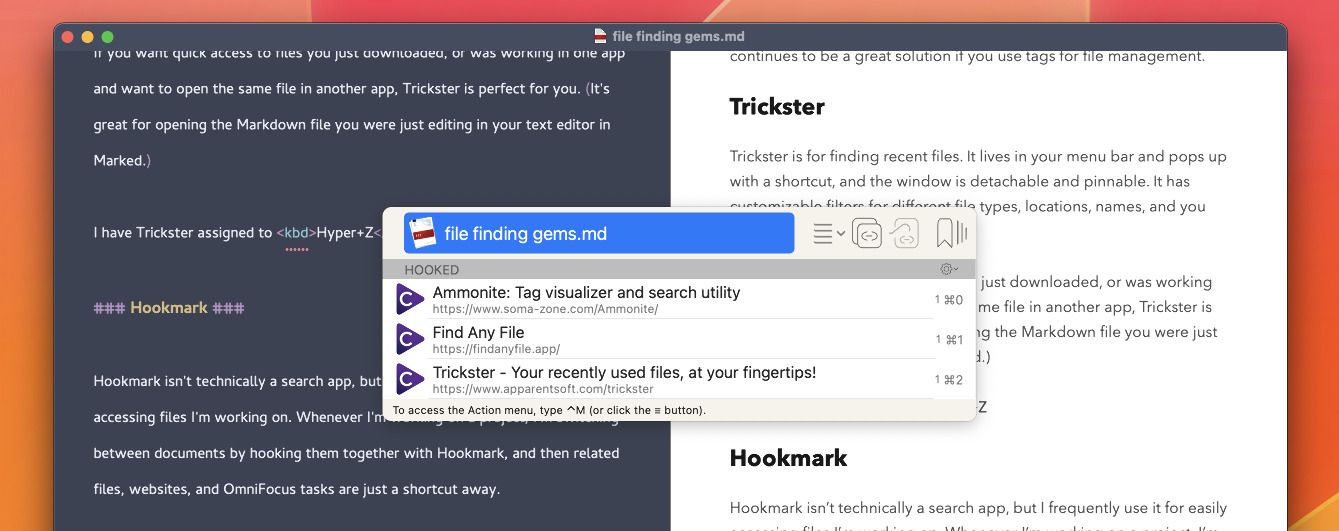 Hookmark popup showing linked documents