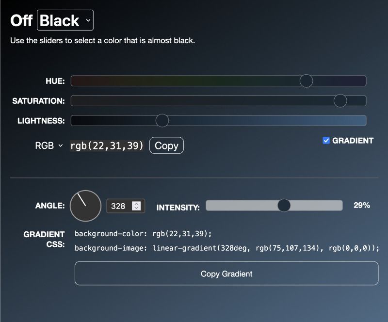 Screenshot of dark mode with gradient controls visible