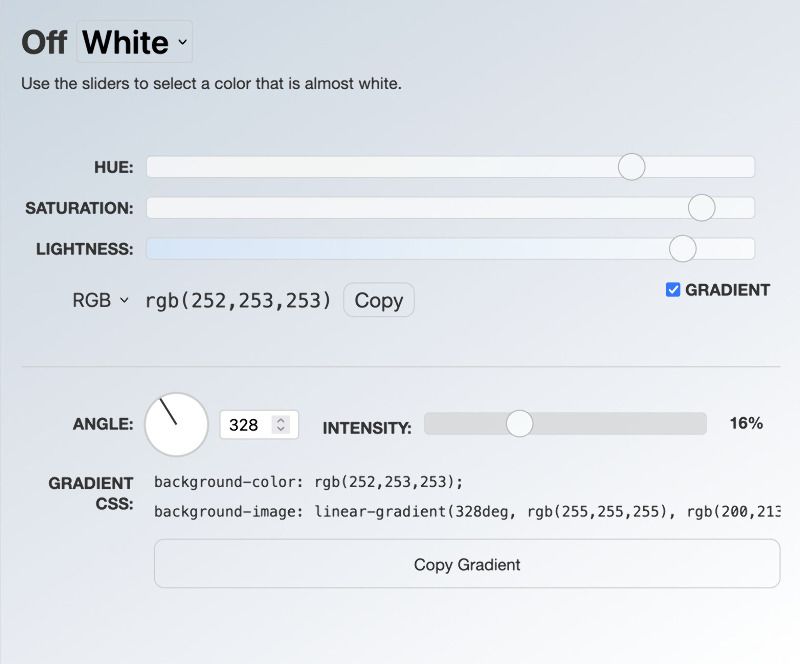 Screenshot of light mode with gradient controls visible